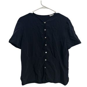Baldanza 100% Silk Button Down Loop Navy Short Sleeve Crew Neck Classy Blouse